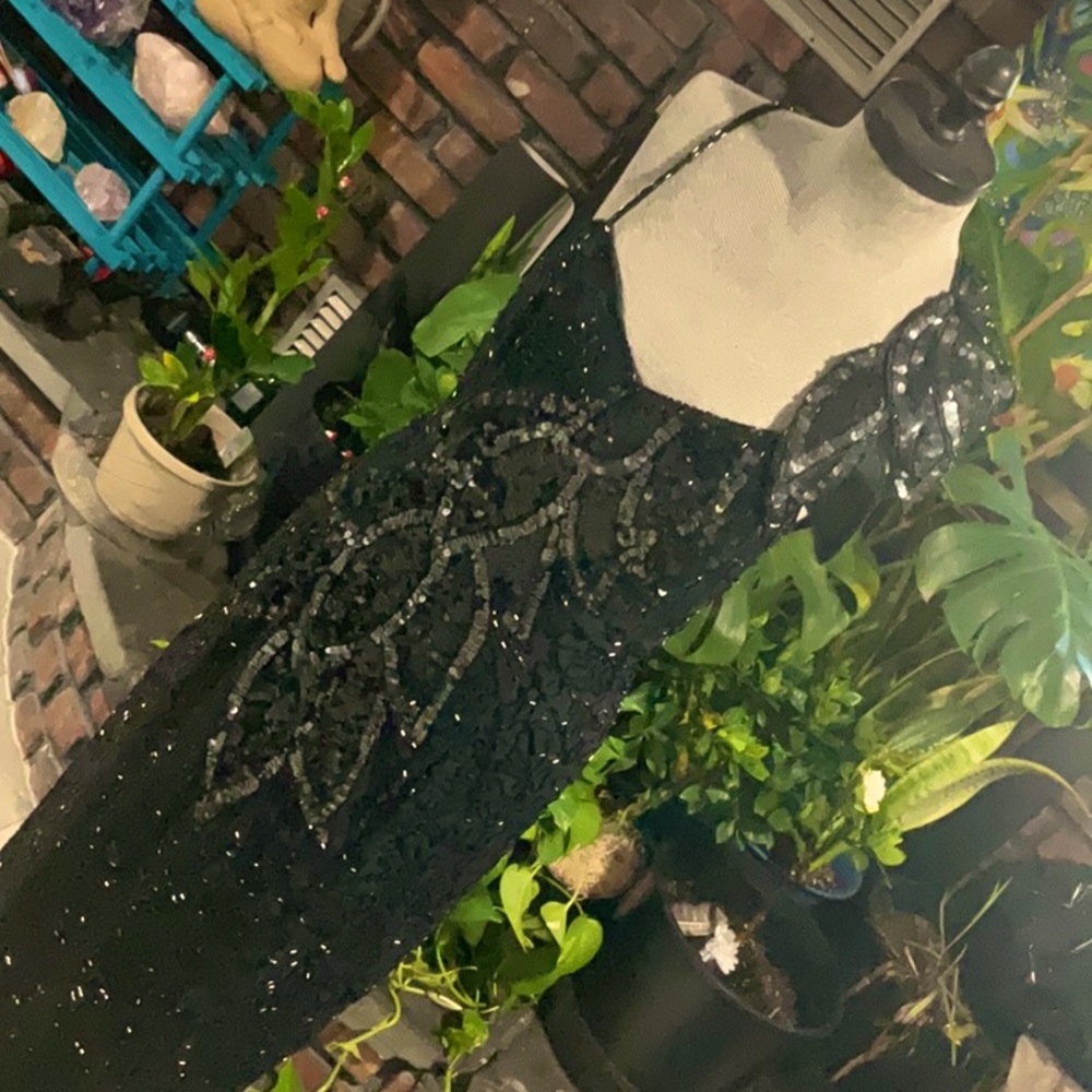 Black tie vintage hand embroidered sequin dress